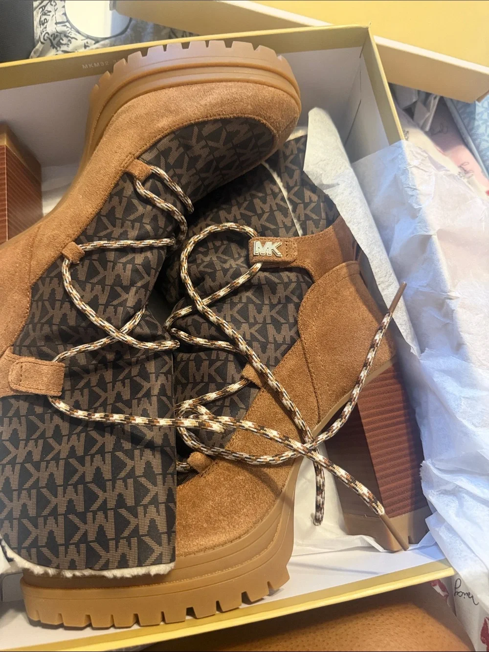 Michael Kors Brown Suede Logo Lace-Up Block Heel Boot